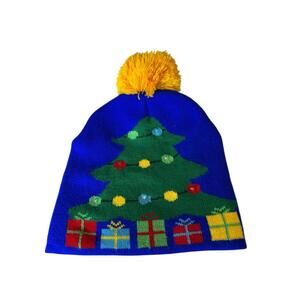 Christmas Knitted Beanie Hat with Pom Pom Presents Tree Kids Unisex OS